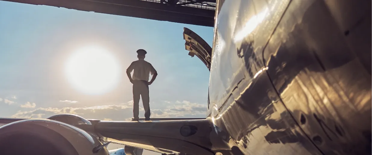 Pilot on wing at sunset